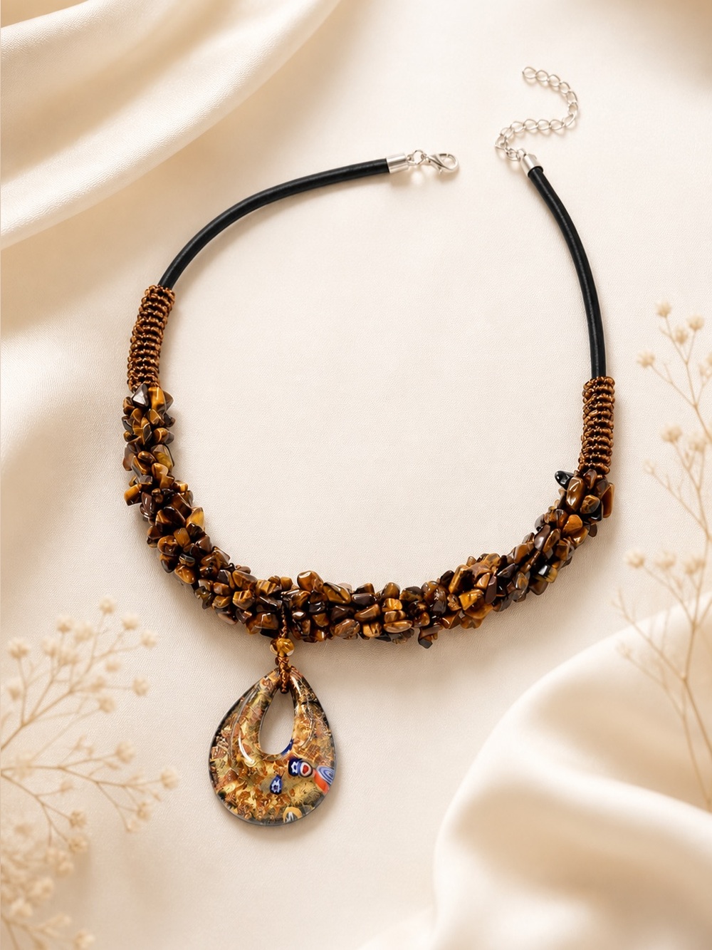 South African Tiger’s Eye & Murano Millefiori Pendant Necklace 20” Silvertone